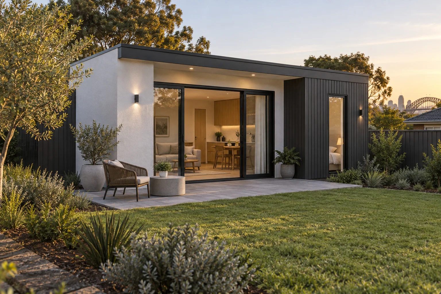 Compact detached granny flat architectural concept with a garden terrace