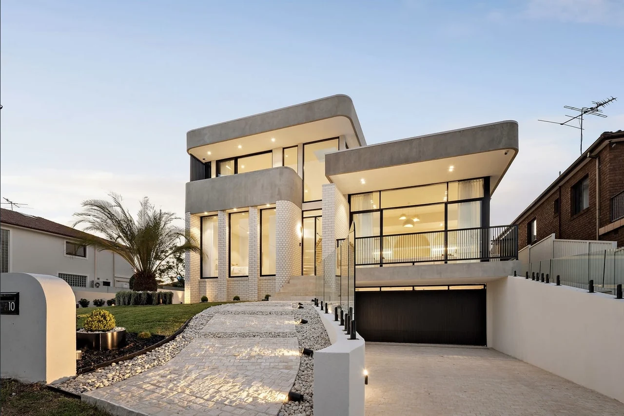 Front entry and driveway at dusk at Arthur, Ryde